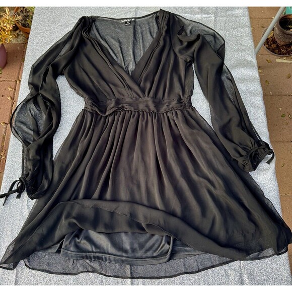 Double Zero Black Chiffon Dress Cold Shoulder Elastic Waist Sheer Back Size M - Picture 2 of 10